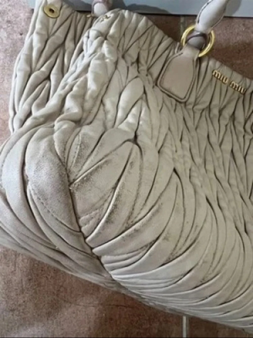 Miu Miu Cream Quilted Ruched Leather Tote with Gold Hardware